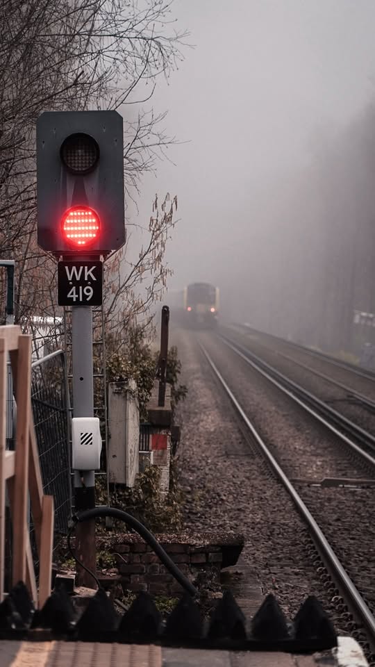 Signal in the Mist - A train traffic light into a foggy day